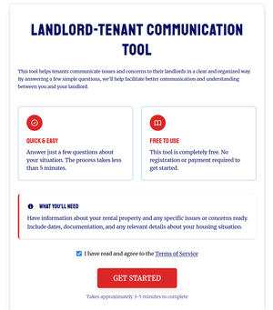 Landing page of a Landlord-Tenant communication tool. Which provides information about the tool as well was a button to get started